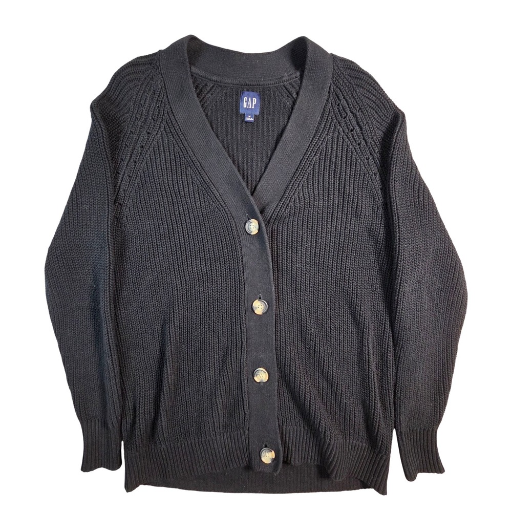 Vtg Gap Cardigan Women‎ Y2K Medium Black Cotton Shaker Stitch V-Neck Sweater